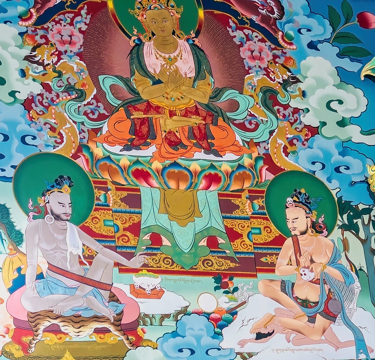 Colorful Colorful photo by Leo Viktorov of mural in India depicting Padmasambhava, who brought Vajrayana Buddhism to Tibet, with Tilopa and Naropa, who founded the Mahamudra discipline, below him.