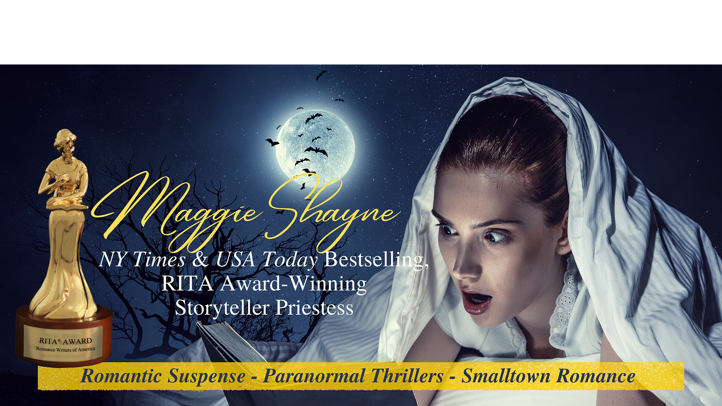 Maggie Shayne page header, with a reader who seems excited and a Rita Award statue