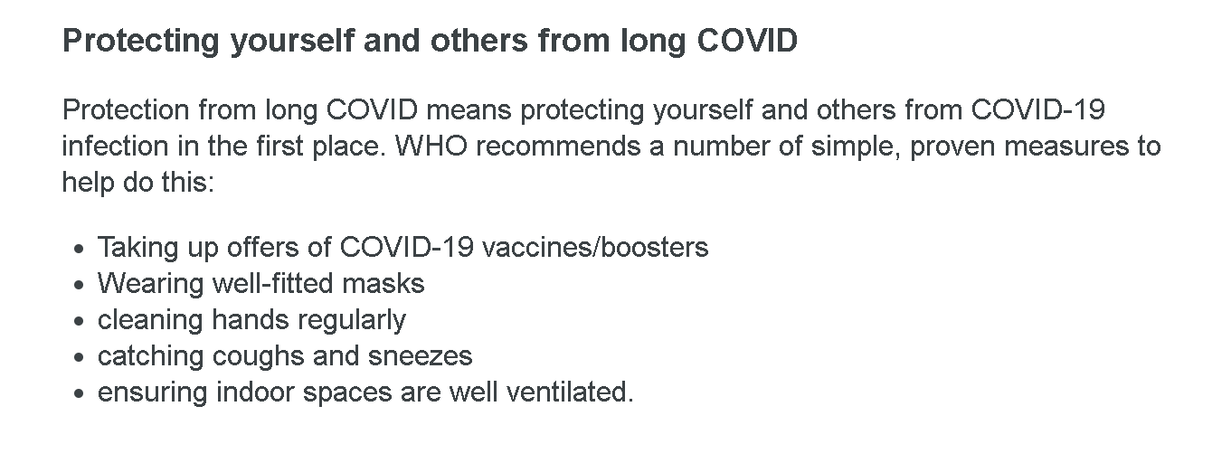 WHO recommends avoiding long COVID by not getting COVID