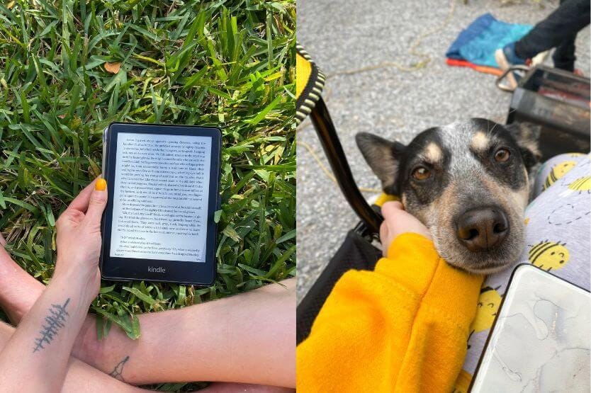 Two photos sit side by side, the one on the left me holding my Kindle in green grass, the one on the right me holding Scout's chin in my face while my Kindle sits on my lap