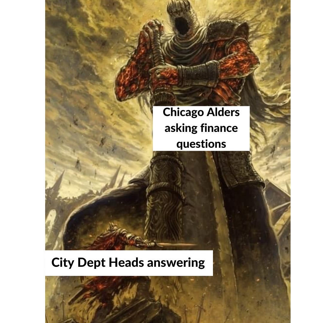 Graphic design and municipal finance is my passion -- a big knight captioned Chicago Alders asking finance questions is looming over a small knight captioned city Dept heads answering finance questions.