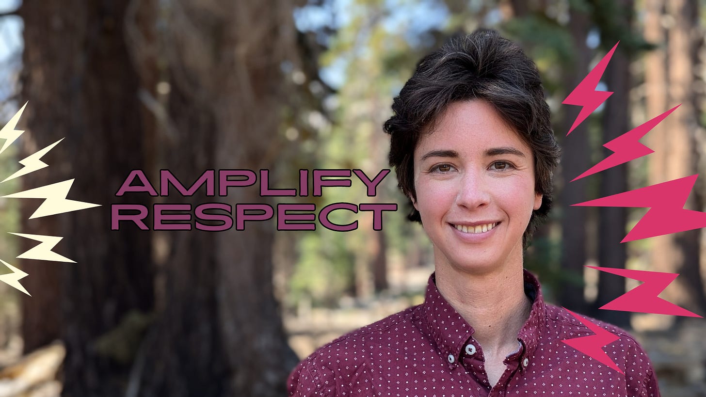 Rey, a white non-binary person with brown short hair, smiles in front of a forest background. The words "Amplify Respect" are placed on top of the image.