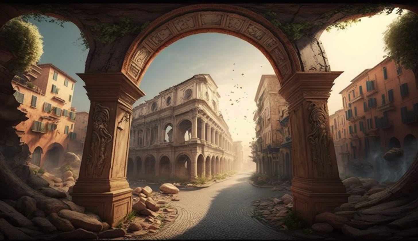 Midjourney prompt: all roads lead to rome during roman empire era anamorphic art style
