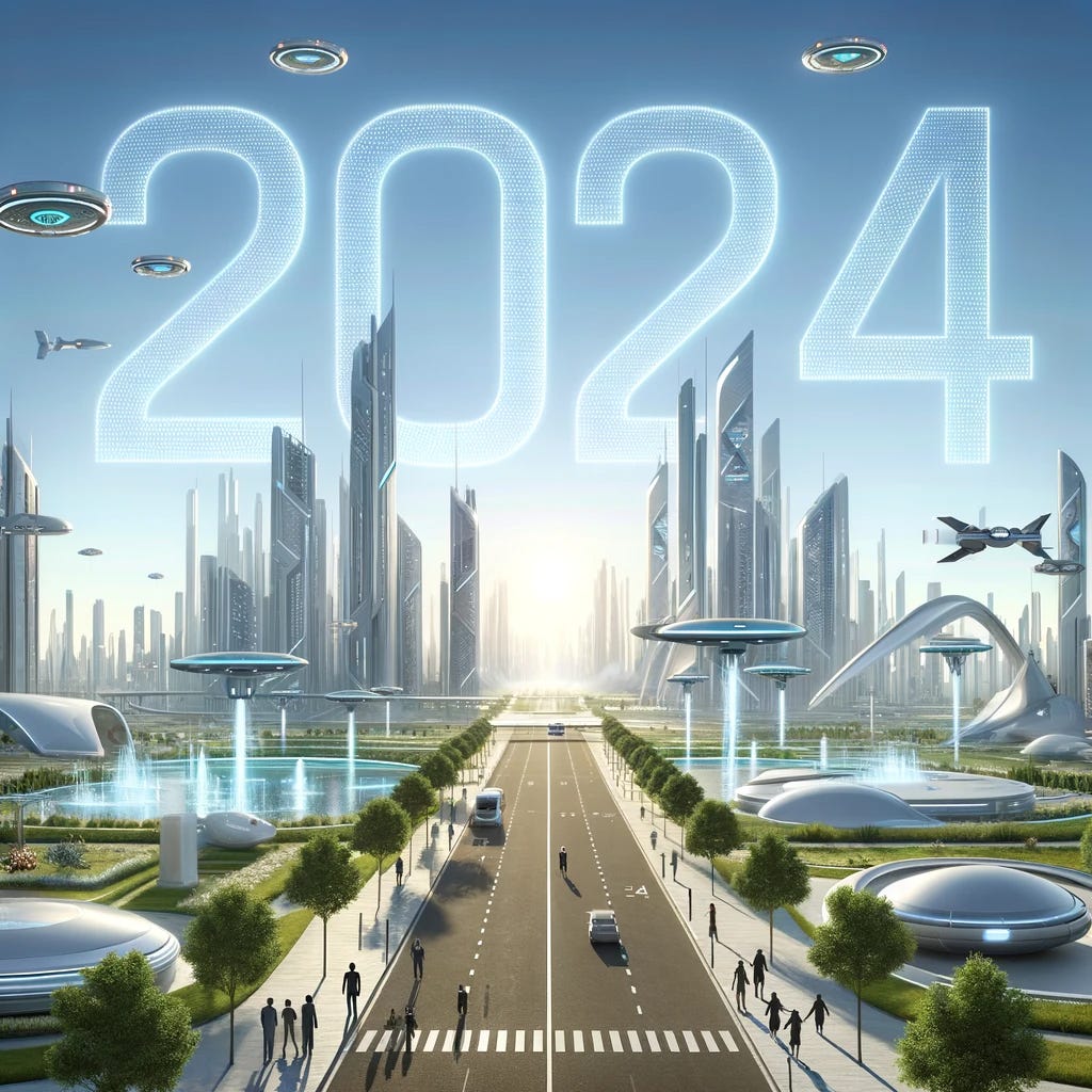 “The numerals 2024 set against a futuristic, utopian cityscape” / DALL-E