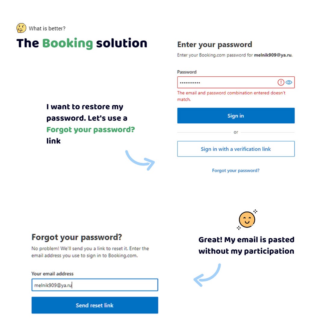 The Booking app. The login form is open. I click the "Forgot password" link. I see the password recovery form. Wow, the app has inserted the typed email