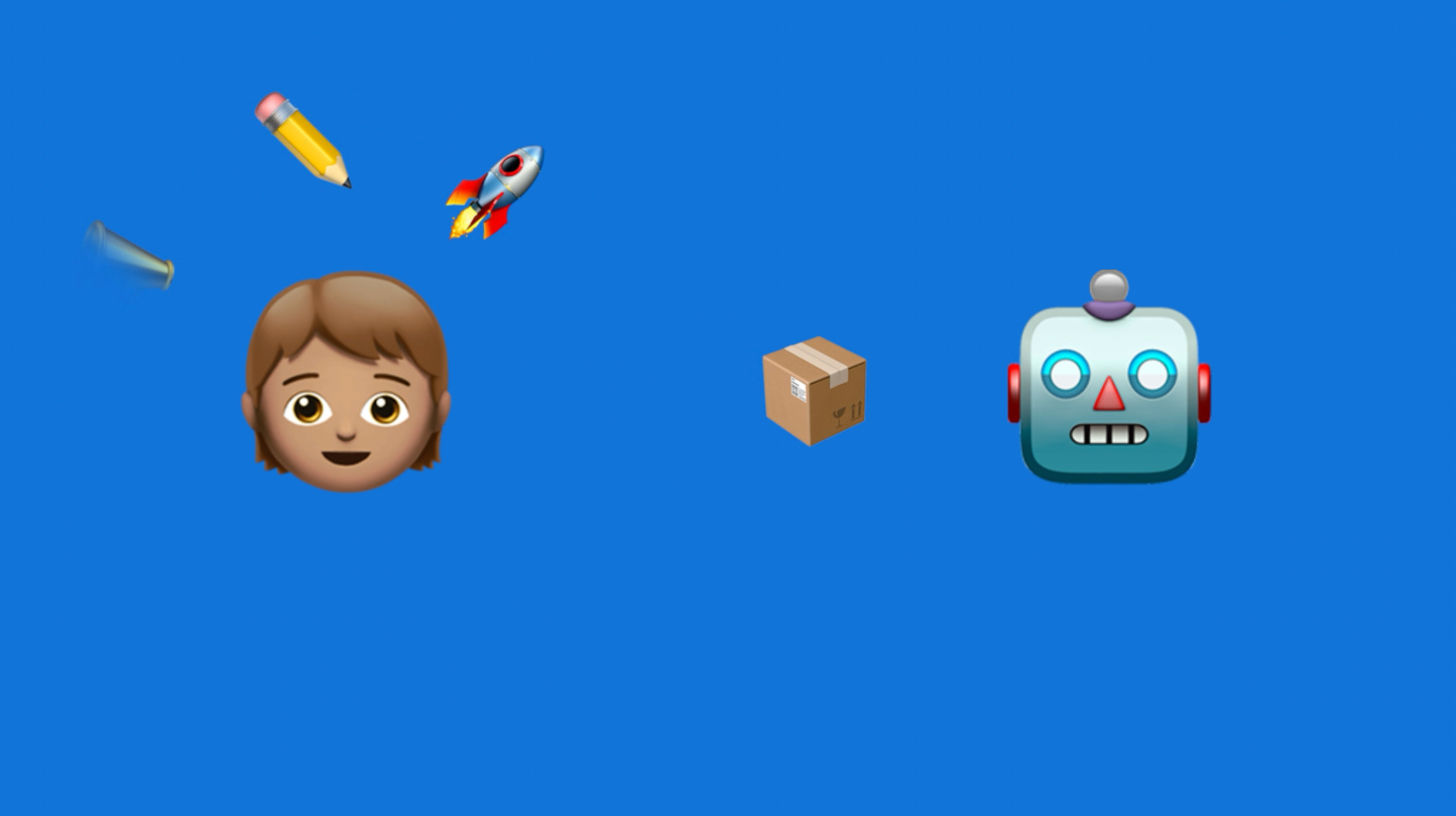 An emoji of a kid with a pencil, rocket, megaphone above their head with a package sent over to a robot emoji.