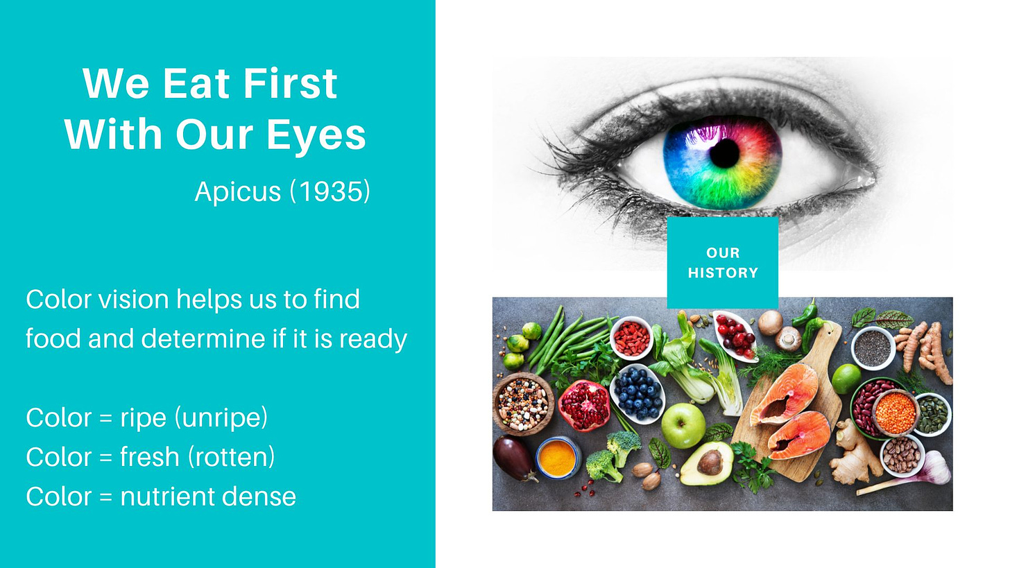 a rainbow iris eye above a spread of colorful foods