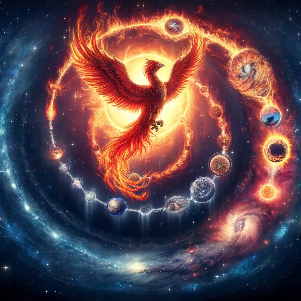 Visualize the Universe's life cycle symbolized as a phoenix. The image shows a majestic phoenix in a cyclical process of death and rebirth, representing the universe's evolutionary journey. The phoenix is in a dynamic pose, surrounded by flames, symbolizing the Big Bang's fiery conditions. As it rises, it transforms into a depiction of space filled with stars, nebulae, and cosmic elements, suggesting the cooling and expansion of the universe. This transition also hints at a potential new cosmic cycle, capturing the mystical and eternal nature of the universe, intertwined with the legend of the phoenix. The background is a cosmic panorama, enhancing the theme of rebirth and eternal change.