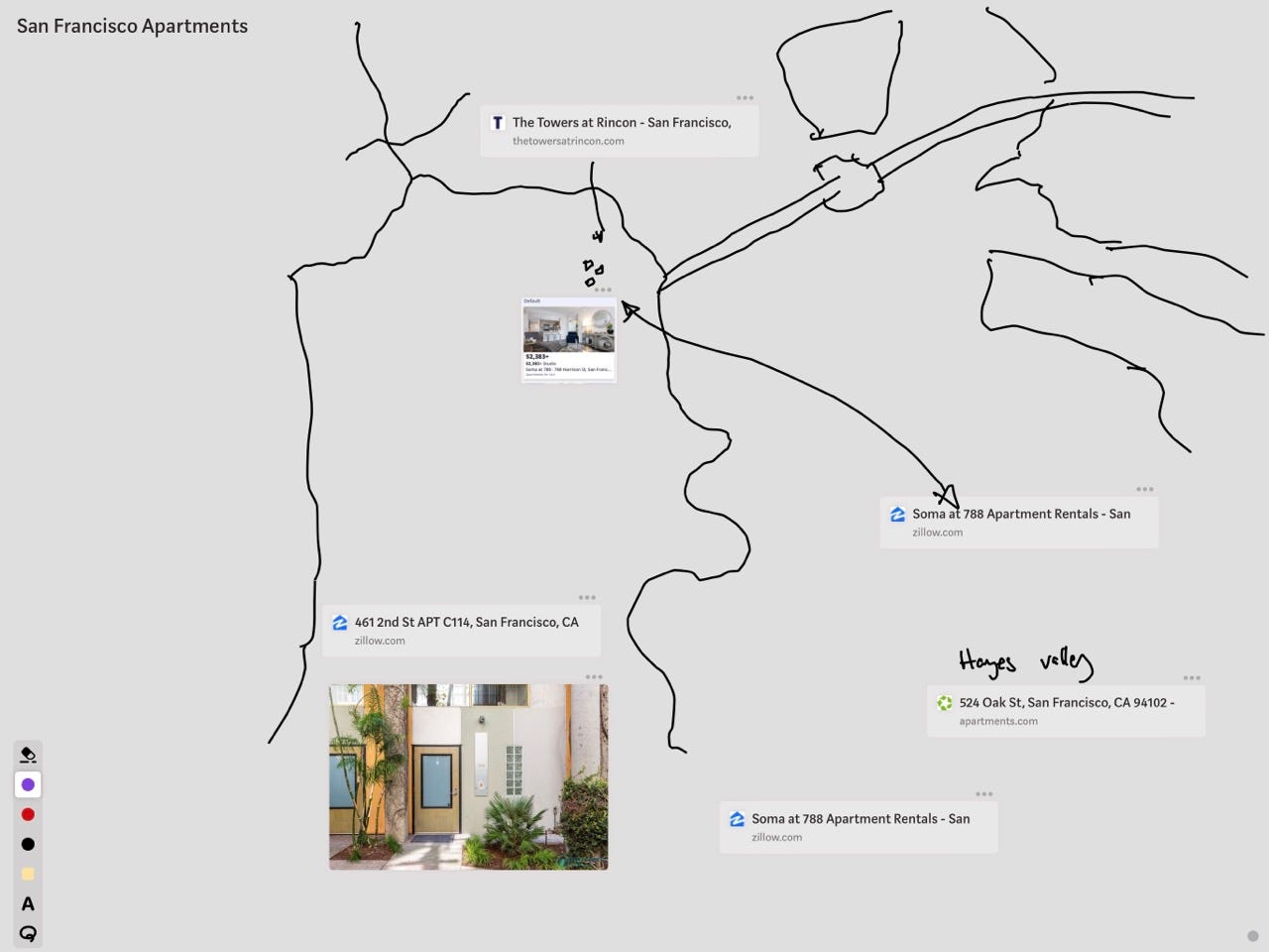 Ink sketch of the San Francisco Bay area juxtaposed with listings on Zillow