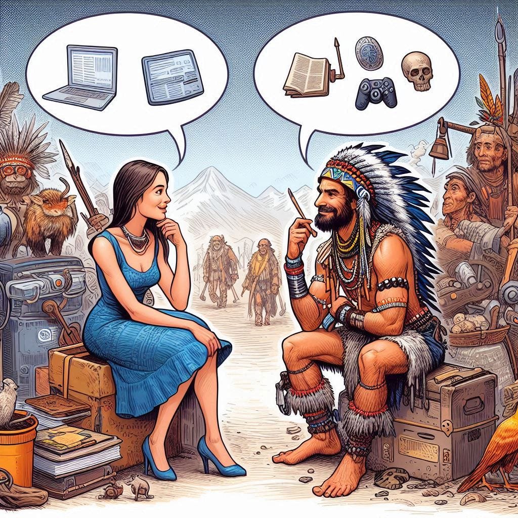 a comparison image between a modern man-woman and a tribal nomadic man-woman commenting on each other