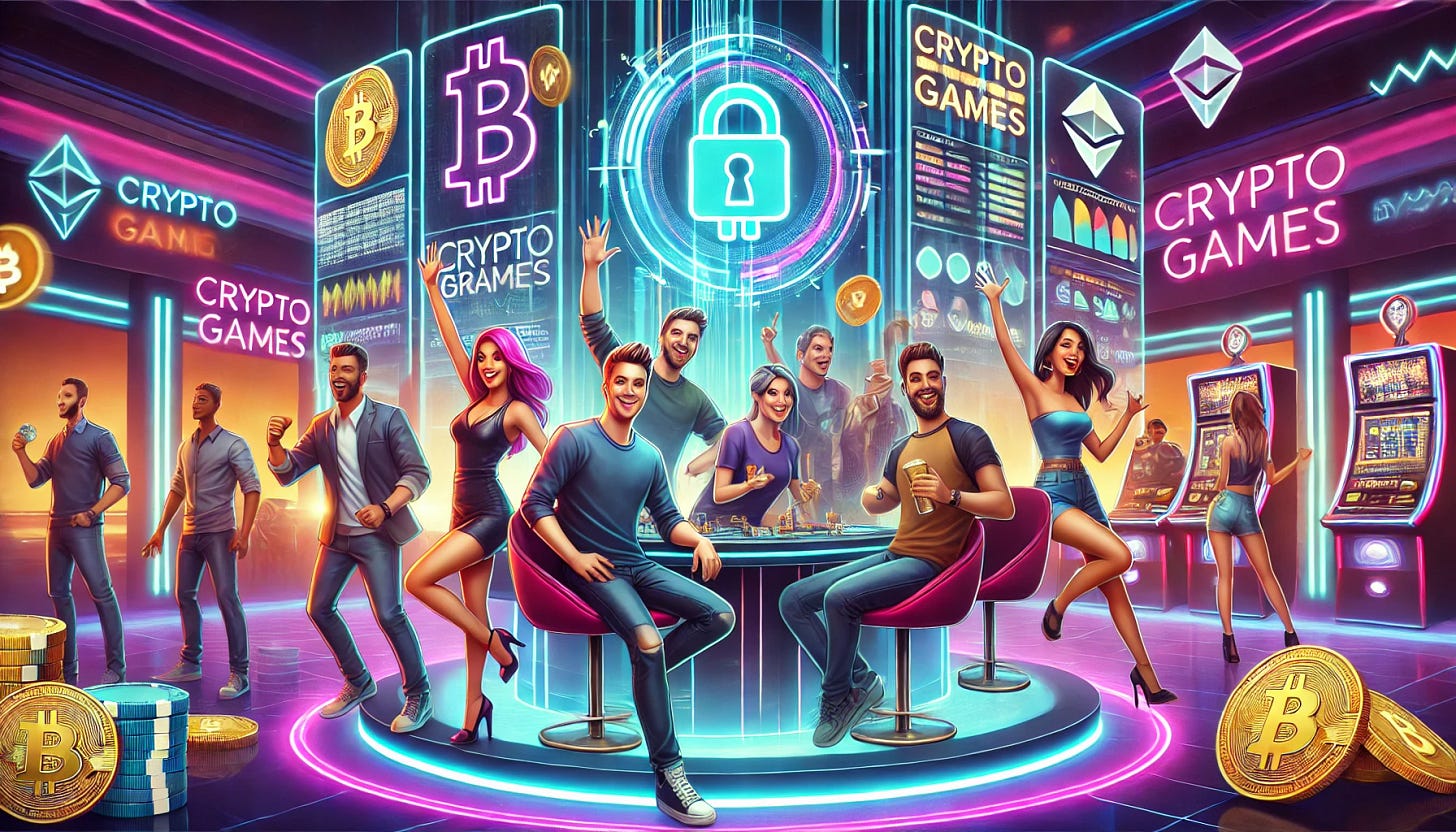 A vibrant and engaging banner featuring a group of diverse crypto enthusiasts, often referred to as 'crypto bros,' celebrating in a sleek, modern environment. They are gathered around futuristic screens displaying betting games and cryptocurrency charts, exuding excitement and confidence. The setting includes glowing neon lights and a high-tech vibe, with clear indications of security and transparency, such as a holographic lock symbol and secure digital interfaces. The group looks happy and relaxed, showcasing trust in the platform. The overall atmosphere is dynamic and focused on fun and innovation.