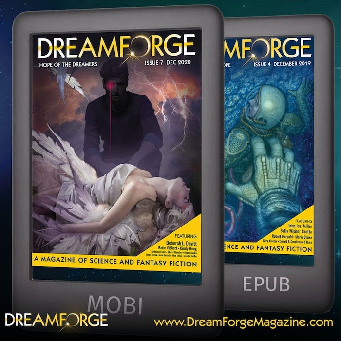 Magazine Covers for Dreamforge. The covers are moody and convey science fiction and fantasy elements.