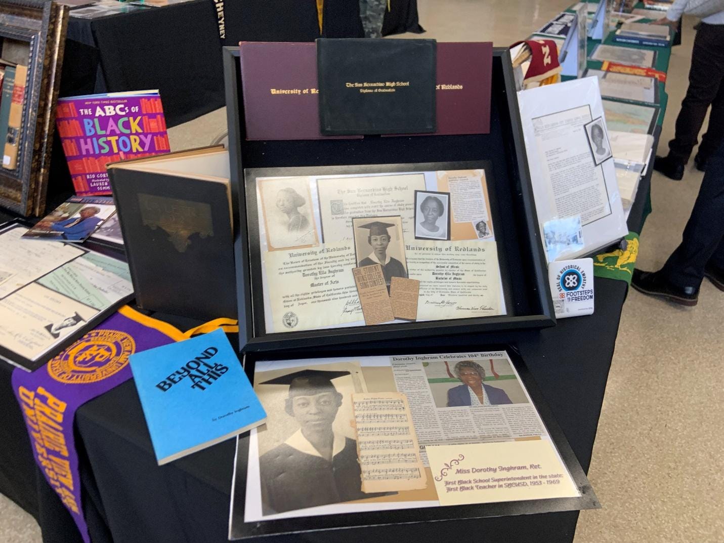 A display of graduation photos and books

Description automatically generated