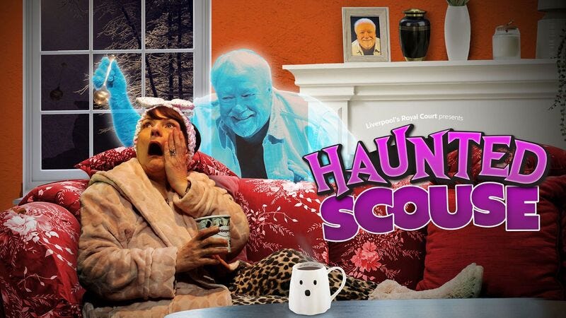 Promotional image for Haunted Scouse. Molly is sat on her sofa with a tub of ice cream screaming, while Charlie holds the spoon above her head. He is blue and transparent showing he is a ghost and she can't see him.