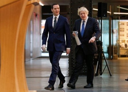 Britain’s Chancellor of the Exchequer, George Osborne (L), and London Mayor, Boris Johnson, leave after announcing their Long Term Economic Plan for London, at the Tate Modern on February 20, 2015