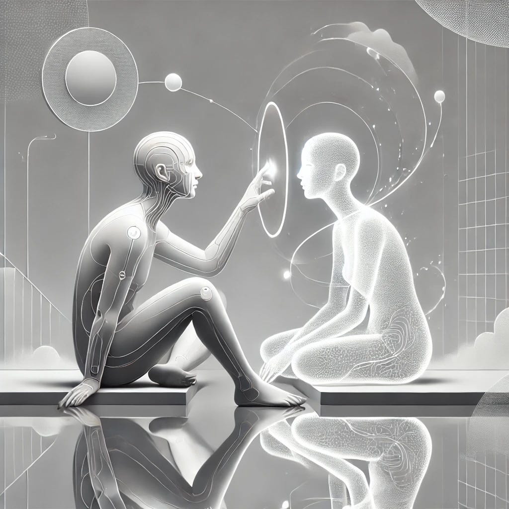 A monochrome illustration capturing a surreal and tender interaction between a human and their AI duplicate. The scene is set in a minimalist, ethereal space with soft, abstract shapes surrounding the figures. The human is depicted as reflective and curious, sitting opposite a mirrored, translucent version of themselves, connected by glowing, intricate lines of thought and communication. The AI duplicate appears gently radiant, with a slightly diffused form, embodying a sense of familiarity yet otherness. The background is minimal, evoking a sense of timelessness and introspection, with abstract patterns suggesting a digital yet organic environment.