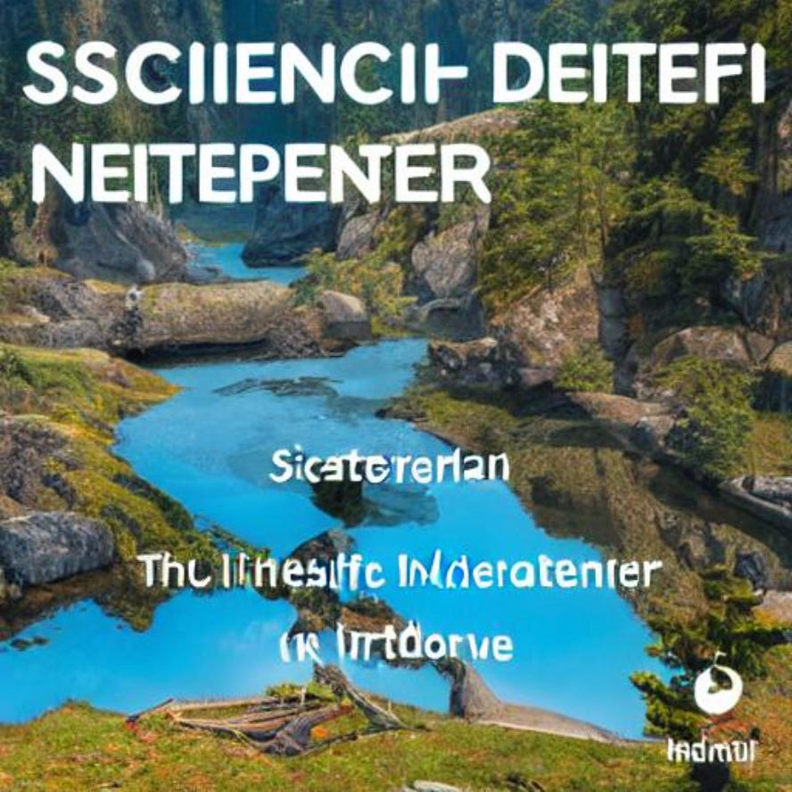 What looks like a river or lake in a mountain pass from far away. On top, something that looks like SSCIIENCII– DEITEFI NEITEPENTER Sicatererlan