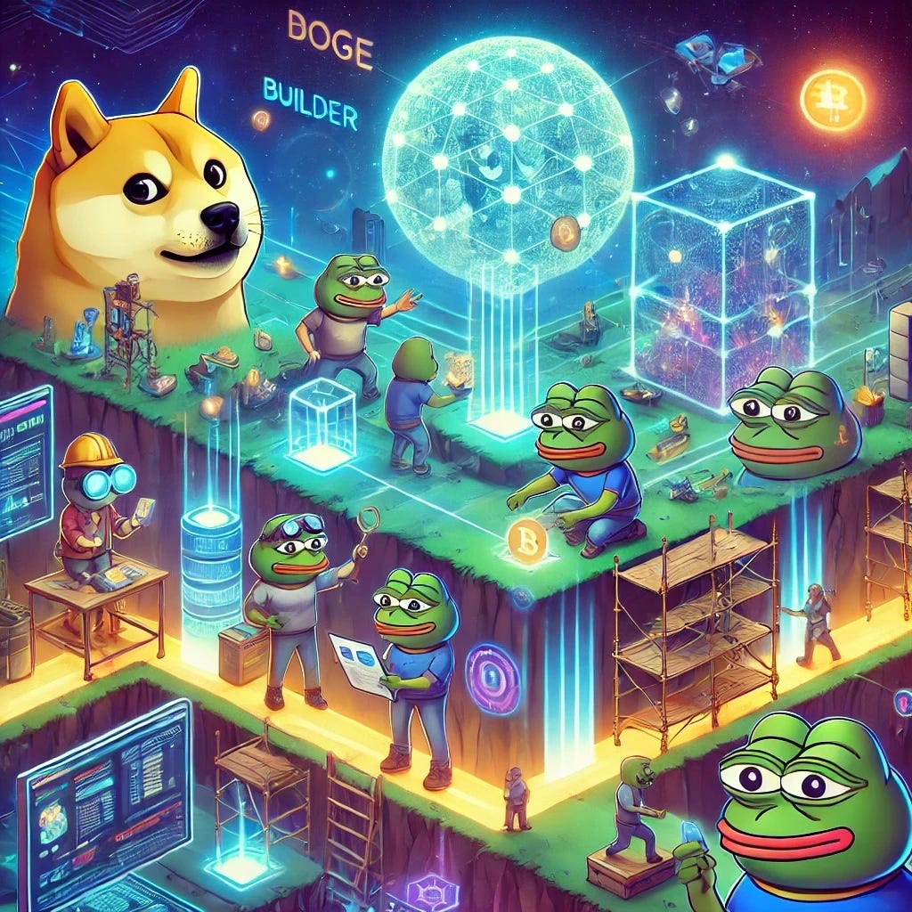 A digital illustration showing characters inspired by popular memecoins like Doge and Pepe actively collaborating in a futuristic, builder-driven ecosystem. The scene features glowing, interconnected pathways and dynamic digital tools, with characters constructing and innovating new applications, utilities, and features. The environment is vibrant, emphasizing creativity, collaboration, and growth, showcasing a thriving ecosystem powered by builders. No text or symbols included.