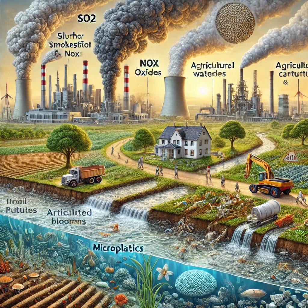 A detailed depiction showcasing real pollution sources, including industrial smokestacks releasing sulfur dioxide (SO₂) and nitrogen oxides (NOx) into the air, untreated wastewater discharging into rivers, agricultural runoff causing algae blooms, and microplastics polluting a water body. Highlight soil contamination from pesticides and petroleum spills, as well as visible particulate matter (PM2.5 and PM10) in the atmosphere. The scene illustrates the environmental and health impacts of these pollutants, with affected ecosystems, degraded water quality, and urban areas showing signs of pollution. The focus is on real-world pollution challenges.