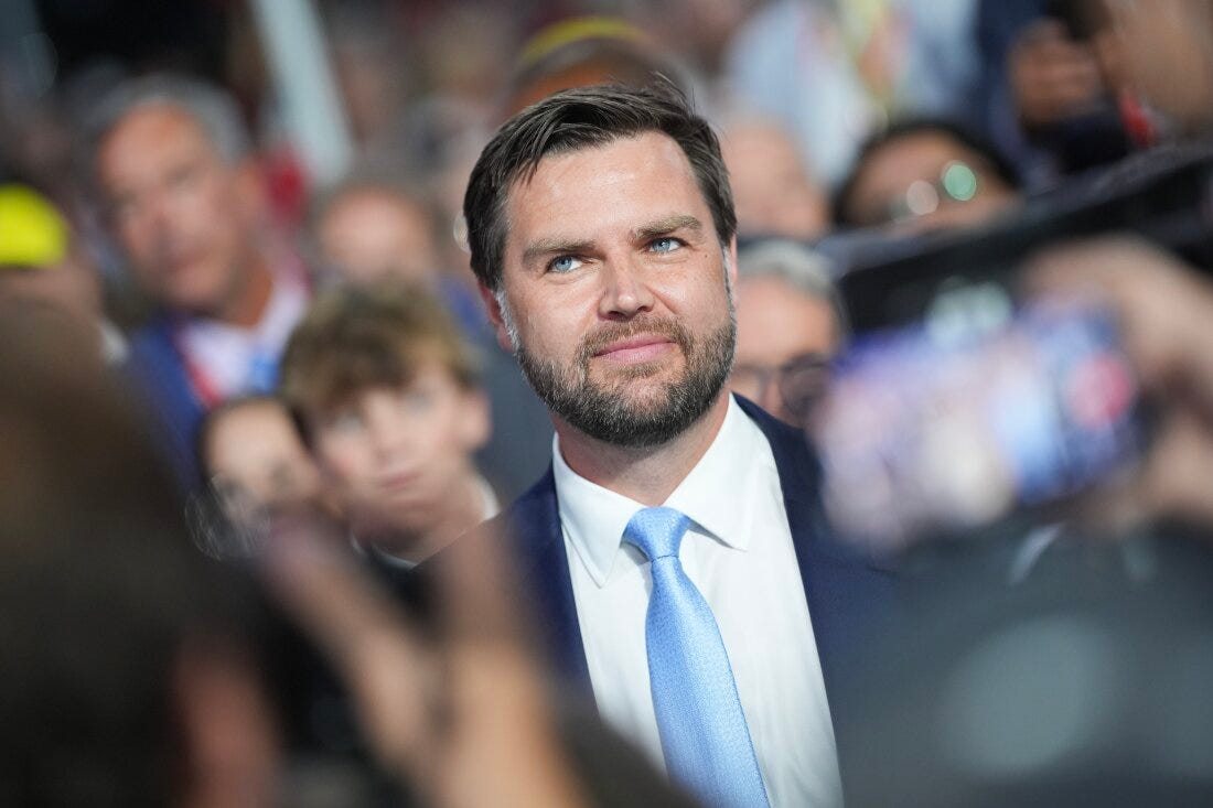 Trump's pick for vice president, Sen. J.D. Vance, R-Ohio, arrives on the first day of the Republican National Convention at the Fiserv Forum on July 15 in Milwaukee.