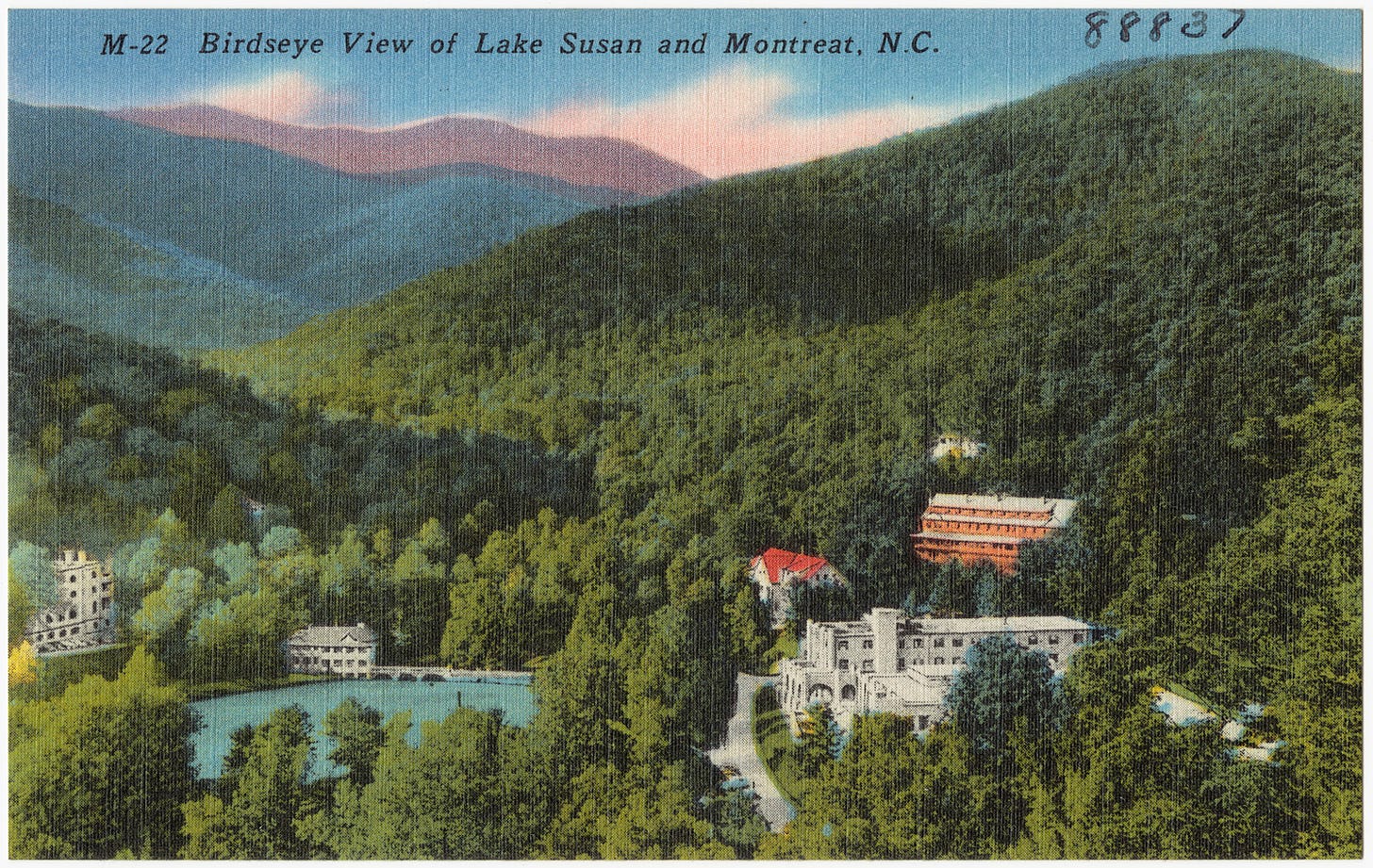 Undated color postcard image of Montreat, North Carolina, including Mountain Retreat Association buildings, Lake Susan, and the surrounding mountain ridges. The image is captioned "M-22 Birdseye View of Lake Susan and Montreat, N.C. with "88837" handwritten in the top right corner in black ink.
