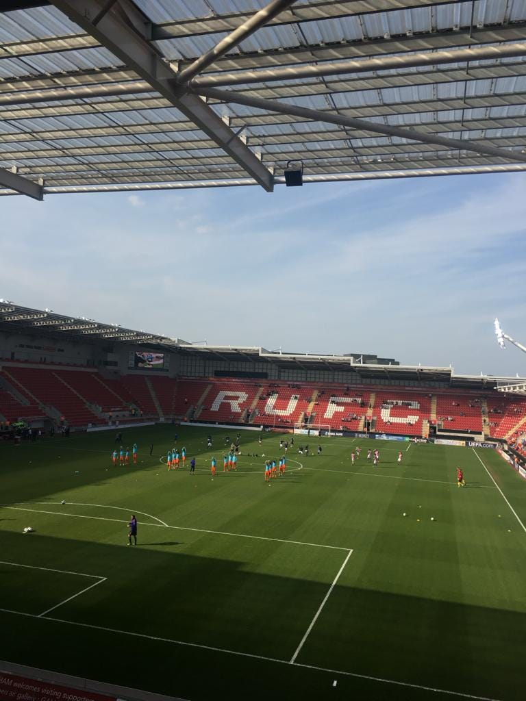 A photo of Rotherham United's New York Stadium from behind the goal.