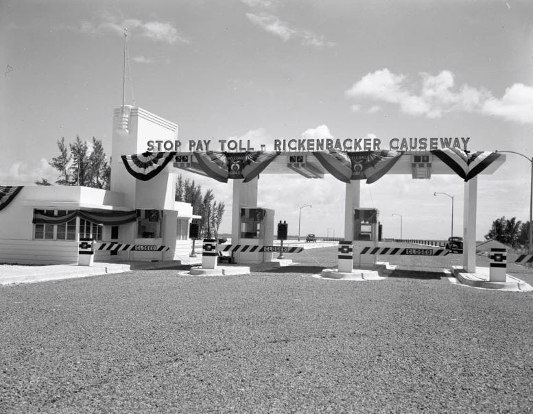 Entrance to the Rickenbacker Causeway in 1947.