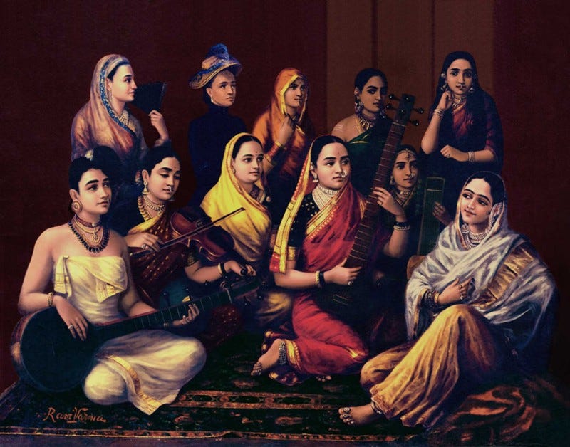 Wikipedia description of 1889 painting: "Indian women dressed in regional attire playing a variety of musical instruments popular in different parts of the country."