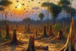 Illustration of tree stumps and insects