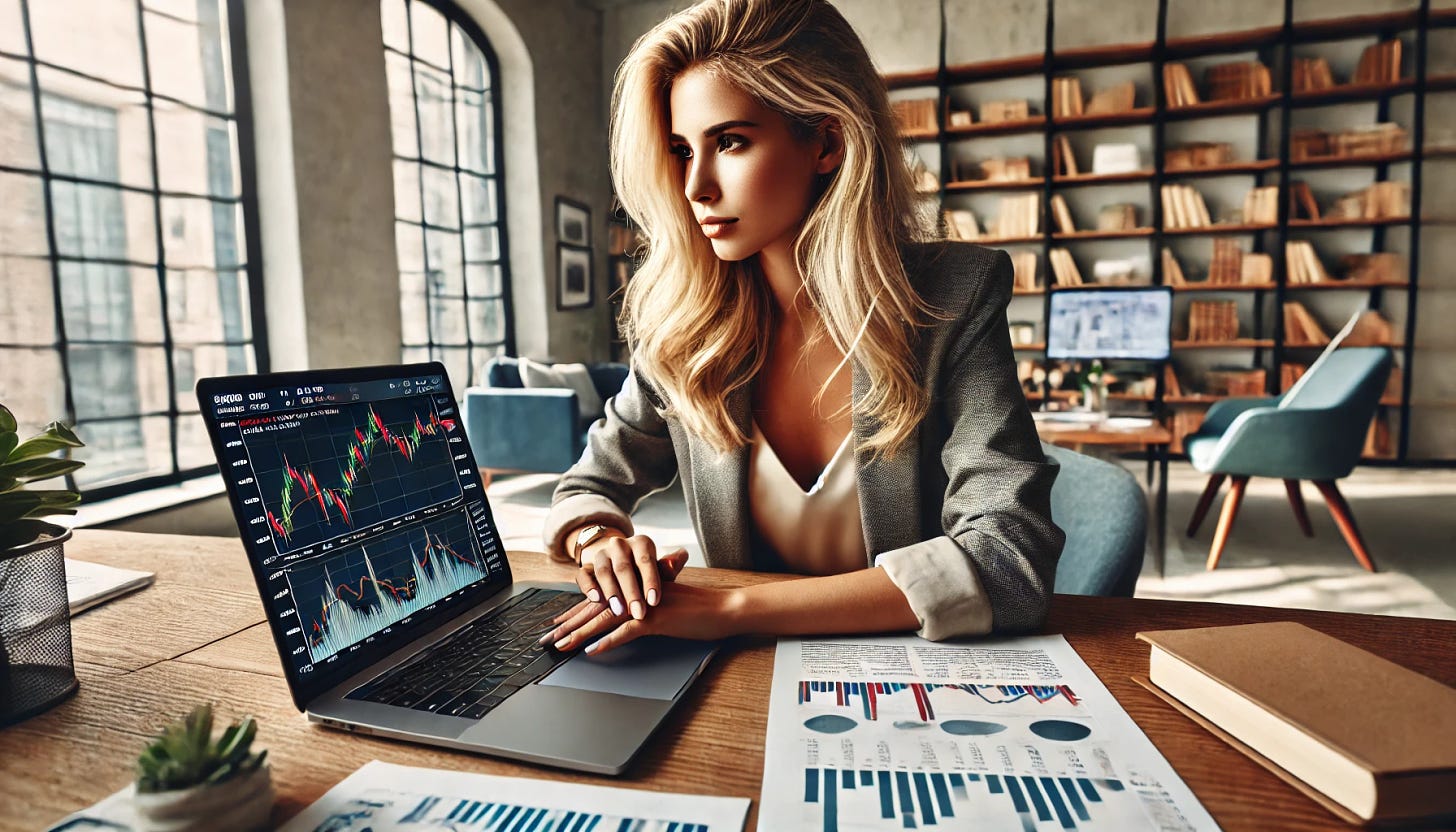 An attractive blonde woman sitting at a desk in a modern, well-lit room, researching stocks ahead of earnings on her laptop. The viewpoint is rotated so that both the woman and the laptop screen are visible. The laptop screen displays charts and financial data. She is dressed in casual business attire with her shoulders covered by a blazer. Financial reports and notes are scattered around the desk. The background includes bookshelves and a window overlooking a cityscape, emphasizing a professional yet relaxed atmosphere.