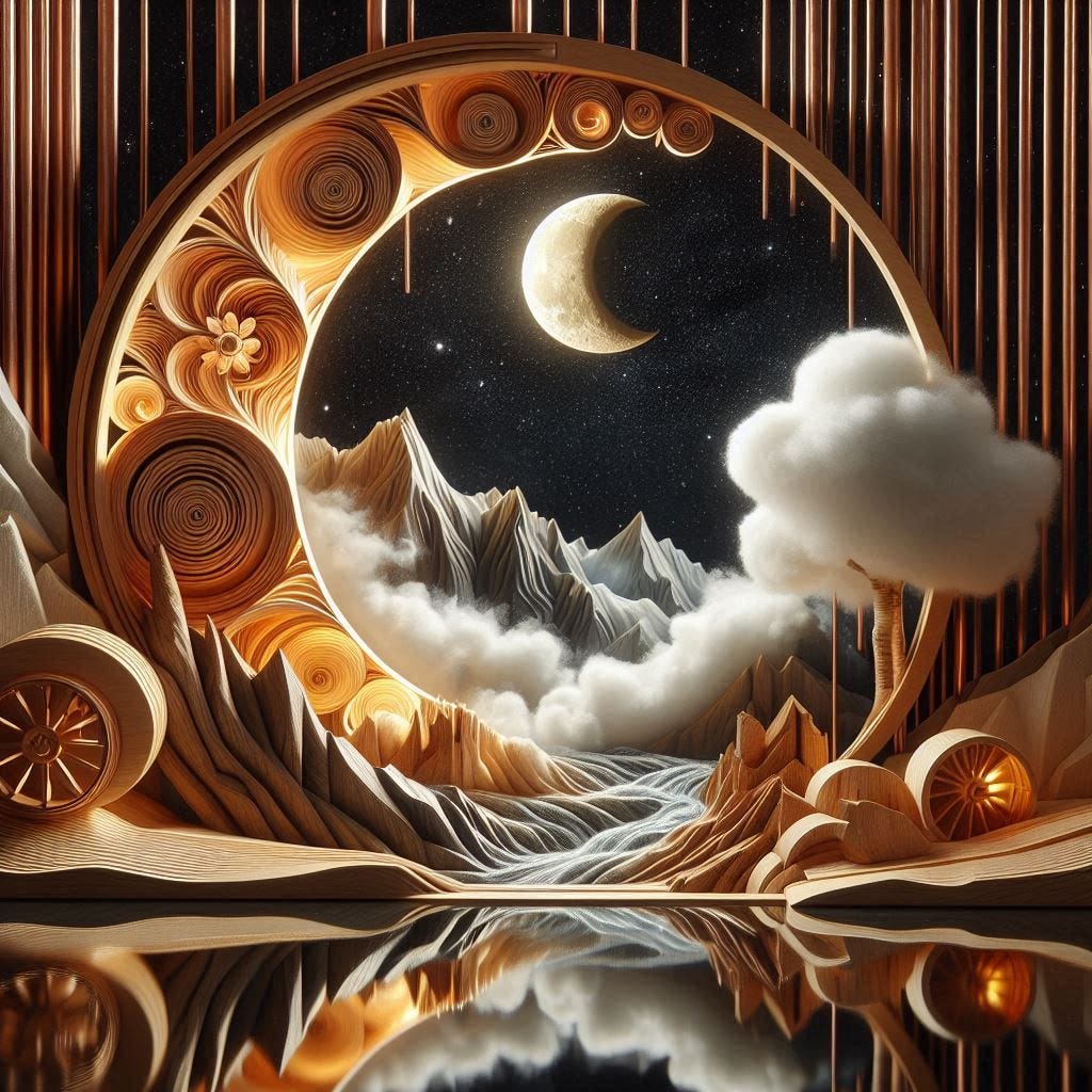  angle behind a glass screen with with a small fire in it over image of  Birchwood/rosewood "Wheel of Fortune"//water in resin/ soft, beautiful/honey-wood and copper/ Marquetry, copper verdigris. mountain/ fluffy cloud floating low in foreground / honey-gold-swirl/surrounded by copper pipes/verdigris.REFLECTED/ Inspired by style of Jeffrey Catherine Jones /backdrop of swirling clouds under moon.black starry sky 