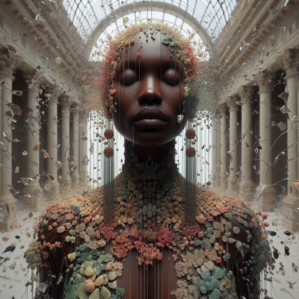 inside glass structure; tiltshift/ 5d angle glass embedded Altgeld hall building/ Broken into fragments/ pieces/ Malian woman, serene/ meditation/ in front of Altgeld hall in olive,ivory, chartrues, lace made of black water in resin/long black hair falling into her face. coral orange, pink, cream, olive address/earrings made of moons aglow/ reverberating waves. black hole/ water in resin verdigris/ In the style of Michael Parkes. black etching/ black linework/ black sky