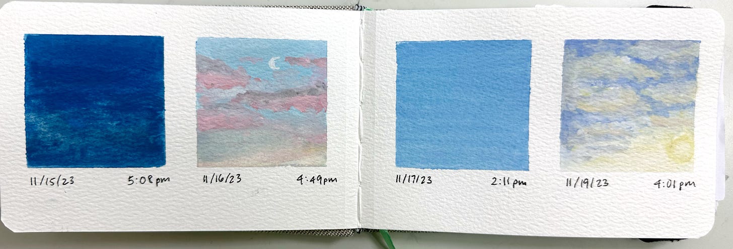 watercolor pages of four painted squares of the sky