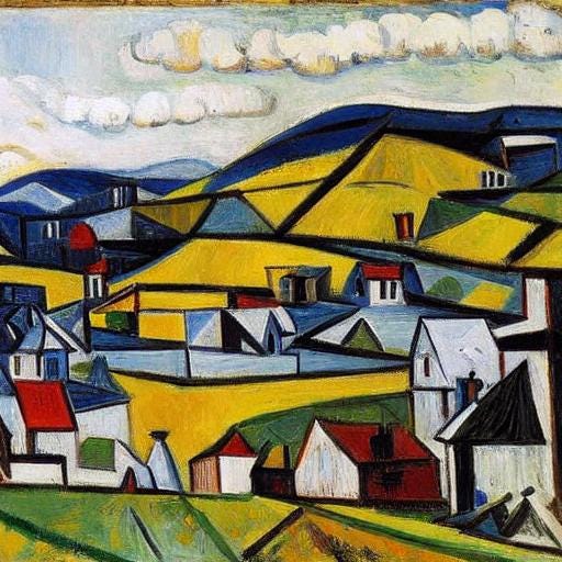 Cubist-style painting of village in hilly terrain