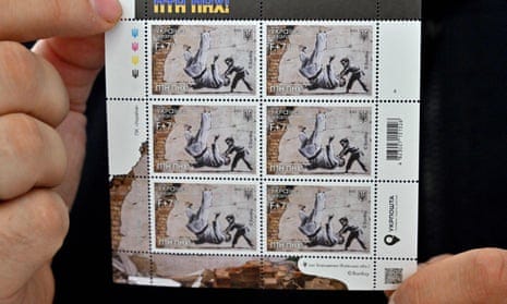 A block of new Ukrainian stamps featuring the Banksy artwork.
