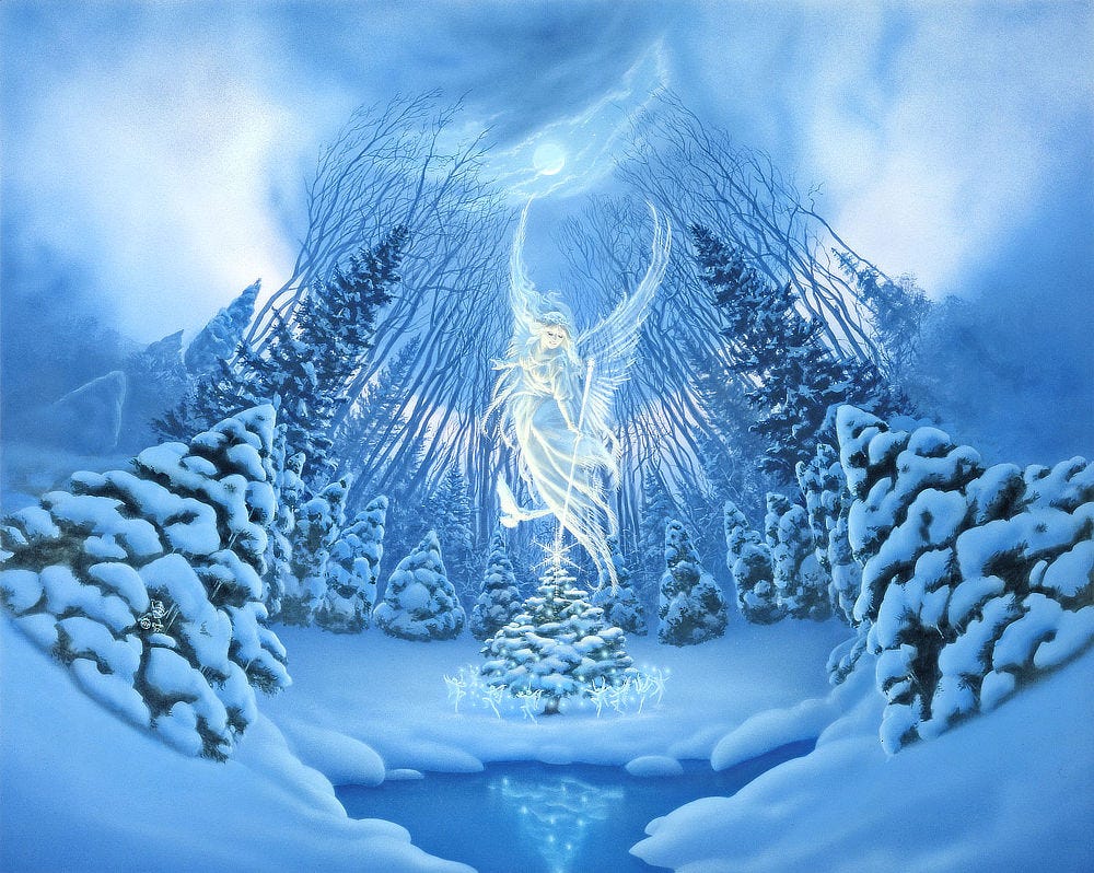 In a wintry forest scene, a fairy descends on delicate wings to touch the top a snowy evergreen with a long crystal wand. A crystalized snowflake materializes at the tip as a troop of ice fairies dance with ballerina-like grace while adding lights around the tree. A clear patch of ice reflects the small but festive tree. Off to the side, an elf hides in another snow burdened tree holding up the artists MW sigil. The art was intended to fold into a pyramid shaped card so the perspective is a fishbowl-like view of the forest with trees angled inward to the full moon that shows through a break in the clouds.