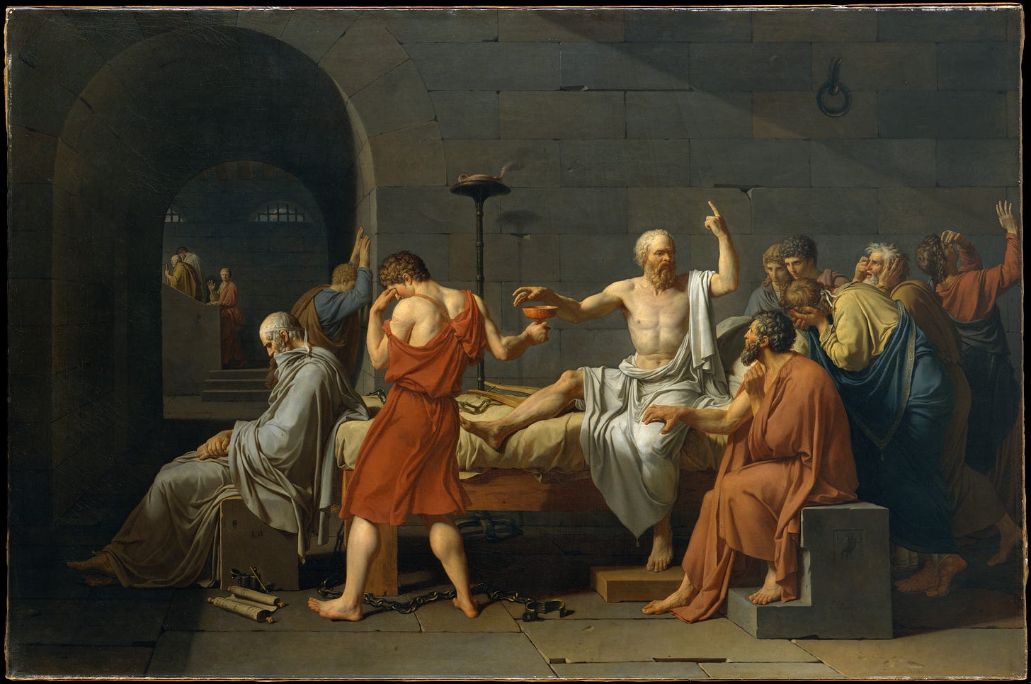 Jacques-Louis David's The Death of Socrates, showing the famous philosopher on his deathbed accepting the cup of hemlock that was his sentence.