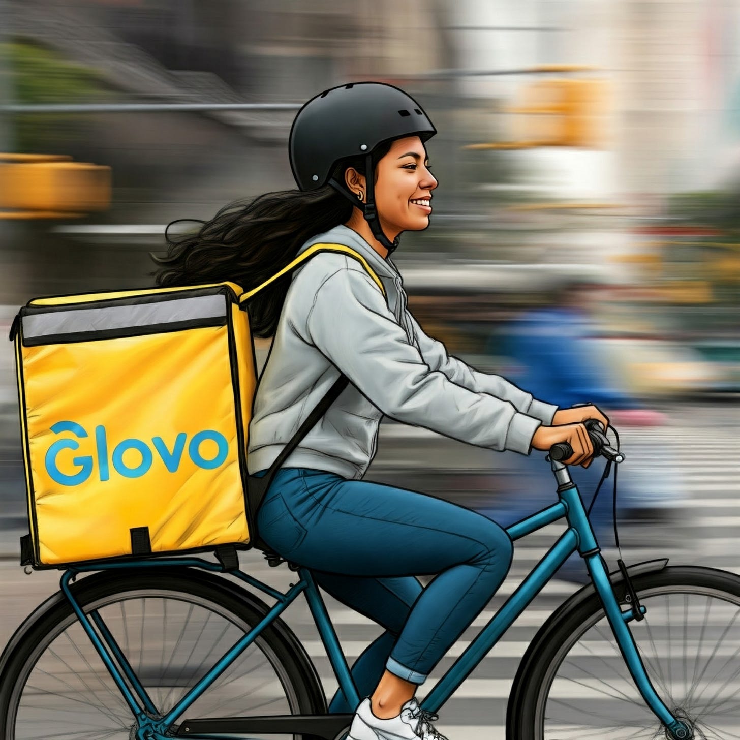 An image of a girl with a yellow Glovo bag riding a bike through the city. 