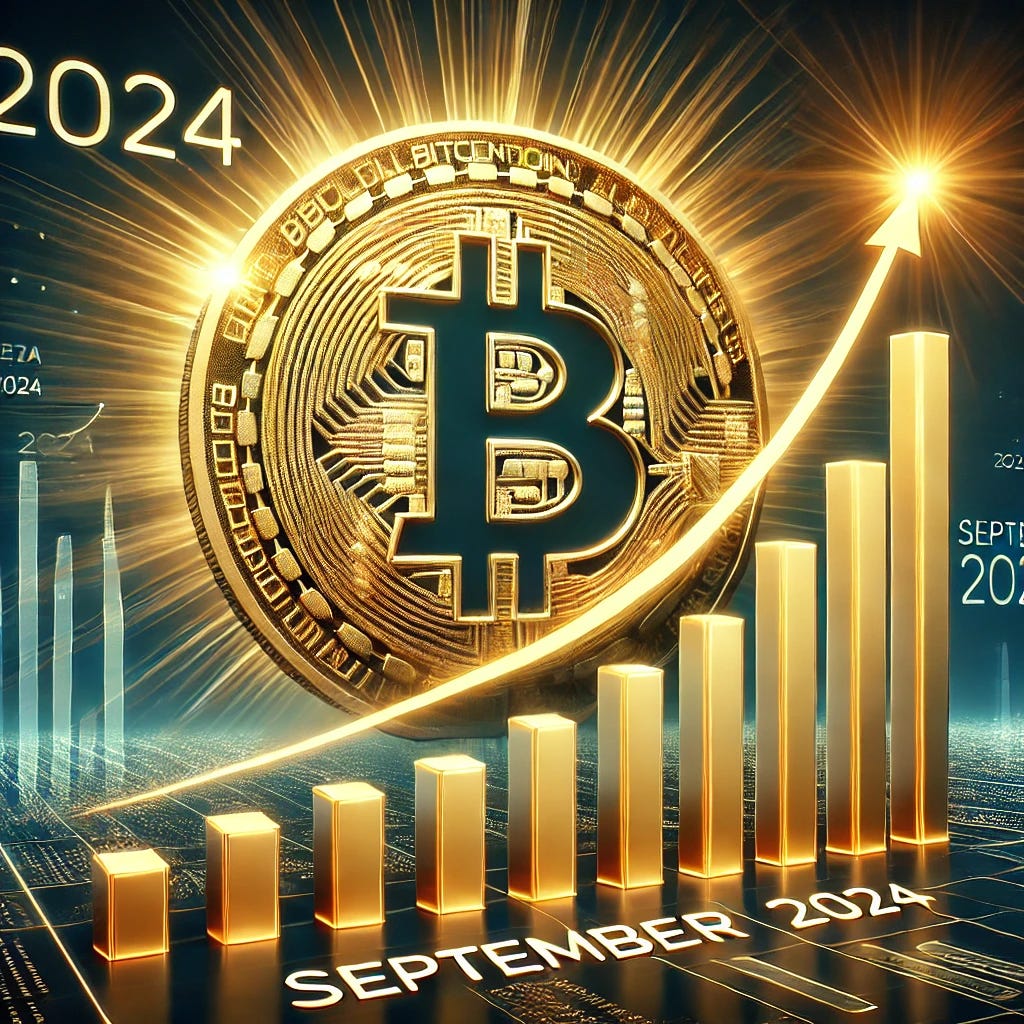 A visually striking and enticing image representing Bitcoin's turnaround in 2024. The image should feature a bold Bitcoin logo rising like a sun from the horizon, symbolizing the resurgence and strength of the digital asset. Around the logo, upward-moving graphs and bar charts should show a clear increase, with the September 2024 bar standing out prominently, highlighted in gold or bright color. The background includes abstract digital elements and a futuristic cityscape, representing growth, innovation, and optimism in the cryptocurrency space.