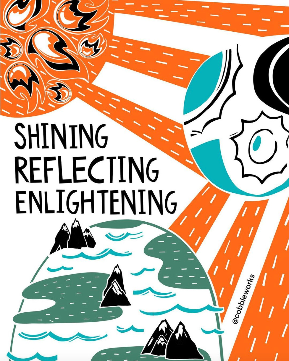 An illustration of the sun and flames shining, reflecting off another surface, and then being reflected down onto grass and trees with the text "Shining Reflecting Enlightening"