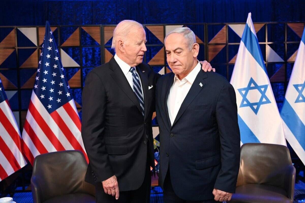 US President Joe Biden (L) and Prime Minister Benjamin Netanyahu (R) meet in Tel Aviv, Israel on October 18, 2023. [GPO/ Handout/Anadolu Agency]