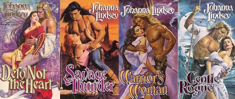 This is a collage of four Johanna Lindsey books with Fabio on the cover: Defy Not the Heart, Savage Thunder, Warrior's Woman, and Gentle Rogue. Each of them were painted in acrylic by Elaine Duillo. 