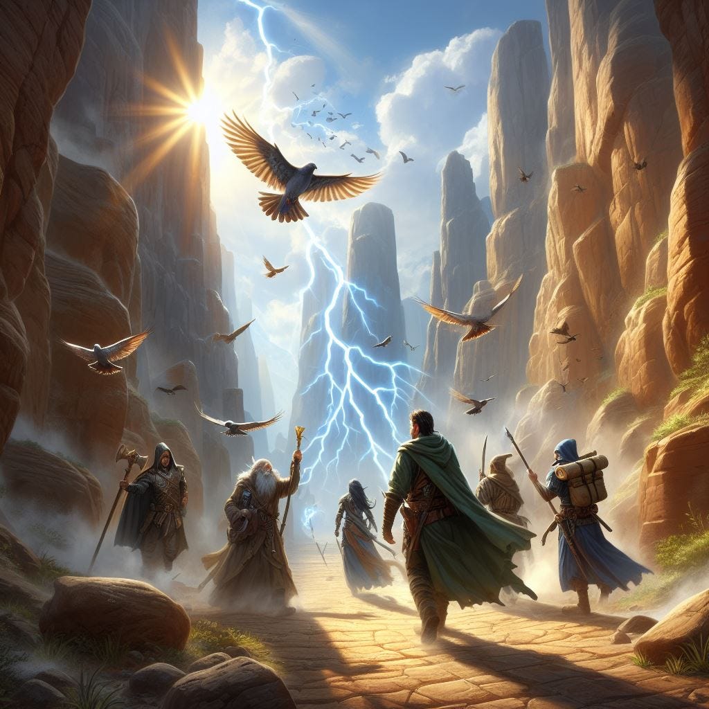 a group of adventurers and a lord in a canyon as a bolt of lighting shoots overhead from the sky, sparrows flying overhead, sunny day, d&d fantasy art