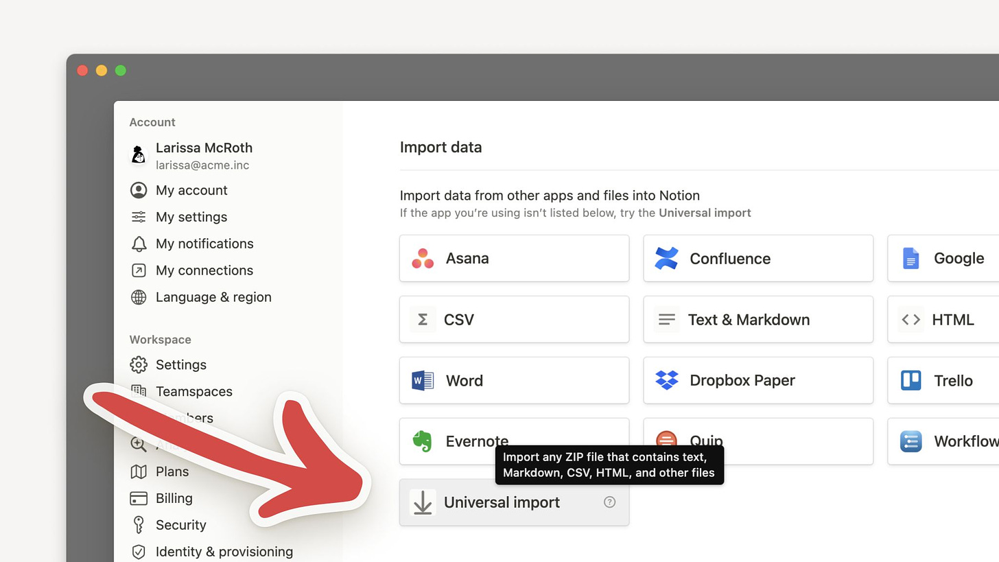 This image shows the import menu in Notion. A large red arrow points to the new "Universal import" option.