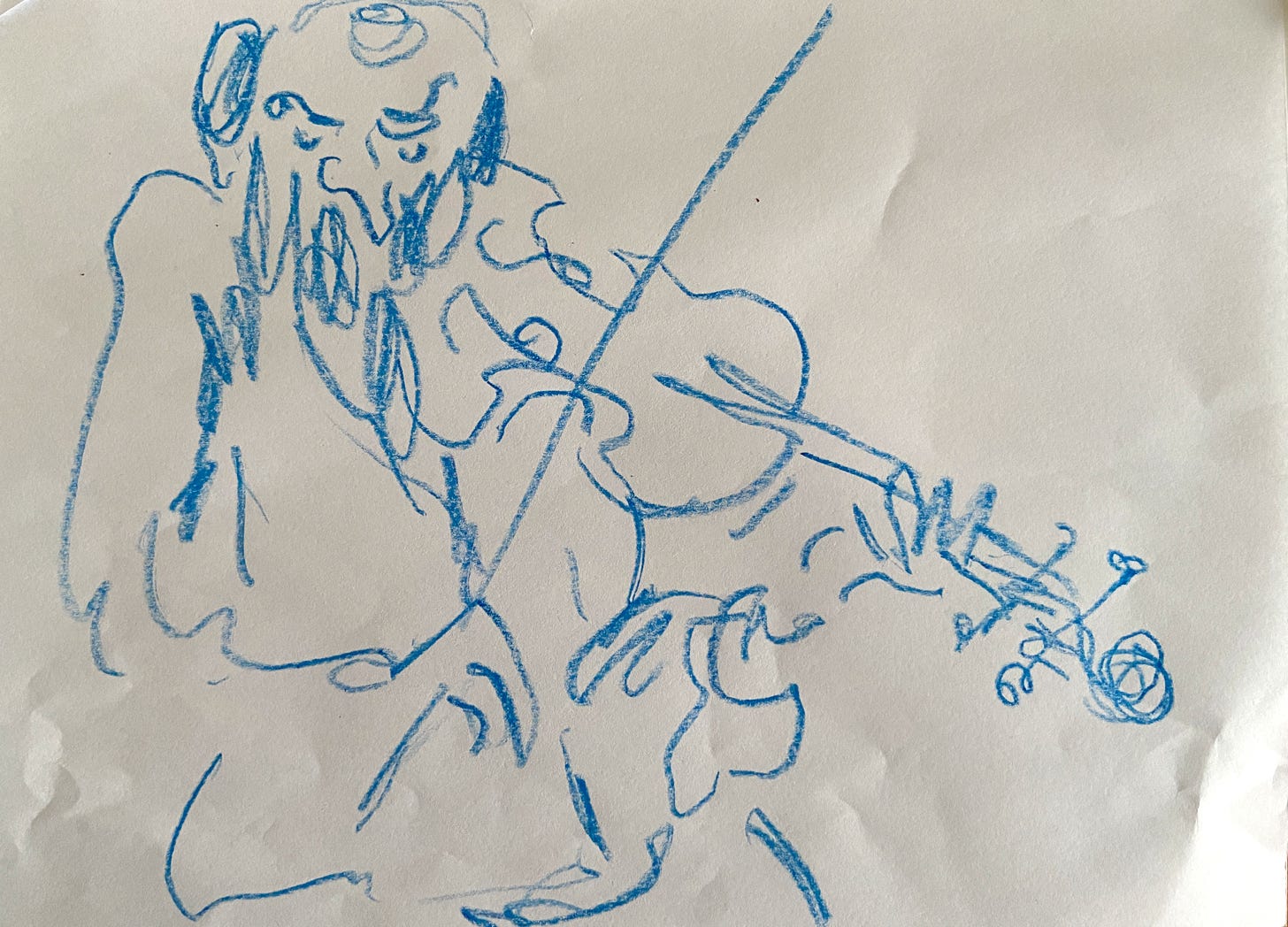 drawing of Australian musician and composer Warren Ellis by illustrator Nanette Regan. Blue crayon on paper.