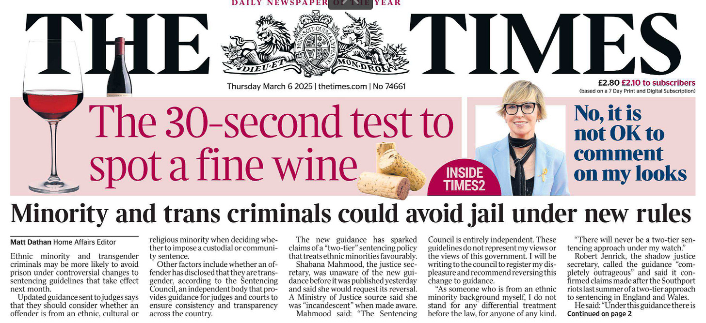 Minority and trans criminals could avoid jail under new rules Matt Dathan - Home Affairs Editor Ethnic minority and transgender criminals may be more likely to avoid prison under controversial changes to sentencing guidelines that take effect next month.  Updated guidance sent to judges says that they should consider whether an offender is from an ethnic, cultural orreligious minority when deciding whether to impose a custodial or community sentence.  Other factors include whether an offender has disclosed that they are transgender, according to the Sentencing Council, an independent body that provides guidance for judges and courts to ensure consistency and transparency across the country.  The new guidance has sparked claims of a “two-tier” sentencing policy that treats ethnic minorities favourably.  Shabana Mahmood, the justice secretary, was unaware of the new guidance before it was published yesterday and said she would request its reversal.  A Ministry of Justice source said she was “incandescent” when made aware.  Mahmood said: “The Sentencing Council is entirely independent. These guidelines do not represent my views or the views of this government. I will be writing to the council to register my displeasure and recommend reversing this change to guidance.  “As someone who is from an ethnic minority background myself, I do not stand for any differential treatment before the law, for anyone of any kind.  “There will never be a two-tier sentencing approach under my watch.”  Robert Jenrick, the shadow justice secretary, called the guidance “completely outrageous” and said it confirmed claims made after the Southport riots last summer of a two-tier approach to sentencing in England and Wales.  He said: “Under this guidance there is Change to sentencing rules blatant discrimination against straight white men.”  He added: “Under ‘Two-Tier Keir’, our justice system is set to have an antiwhite and anti-Christian bias. Starmer sneered at people who said we have a two-tier justice system — and Angela Rayner labelled them ‘conspiracy theorists’.  But here we have it in black and white. It’s unarguable.”  Minutes from a meeting of the Sentencing Council that rubber-stamped the guidelines on January 24 reveal that a senior Ministry of Justice official was present at the meeting. However, sources close to Mahmood said the changes were not flagged to ministers.  A Labour source pointed out that the last government was aware of the change in guidance during a consultation that ended in February last year.  Under the guidance, which take effect from April 1, judges and courts must consider a wider range of factors pertaining to an offender’s background when deciding whether to impose a community or custodial sentence.  The guidance relates to the pre-sentence report, drawn up when an offender is from a cohort that judges and courts may deem relevant when considering a sentence. The council states that such a report can be “pivotal in helping the court decide whether to impose a custodial or community order and, where relevant, what particular requirements or combination of requirements are most suitable for an individual offender on either a community order or a suspended custodial sentence”.  The new guidance adds factors such as whether an offender is from an “ethnic minority, cultural minority and/or faith minority community”, and whether an offender has disclosed that they are transgender.  Existing factors taken into consideration when deciding the type of sentence include whether an offender has previously served a custodial sentence; is a young adult aged 18 to 25; is a woman; is pregnant or post-natal; has addiction issues; is suffering from a chronic medical condition or physical disability or mental ill health; or is a victim of domestic abuse.  The council insisted that the guidance does not dictate the sentence but simply gives additional information and context to courts when considering the nature of the sentence. A source pointed out that some demographic cohorts suffer disadvantages in the criminal justice system.  The changes were based on research that included evidence showing the proportion of black offenders receiving a community order has been lower than the proportion of white offenders.  The Sentencing Council, while independent, reports to the Ministry of Justice.  It was set up in 2010 and the current chairman is Lord Justice William Davis, a Court of Appeal judge. He took over the role in August 2022.