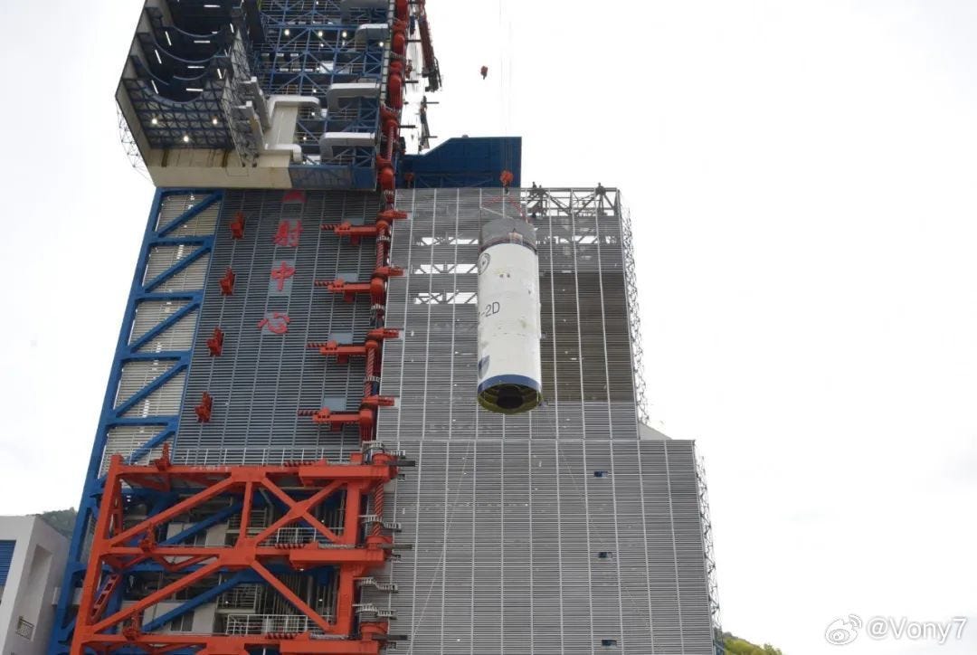 The second-stage being lifted into the launch vehicle integration structure.