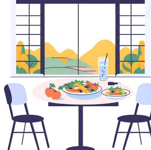 Cartoon image of a modern table and chairs in white and black.  The table has a healthy balanced meal, some sunflowers and a glass of water.  It is set in front of a window with a green and yellow hue of shapes of trees and plants