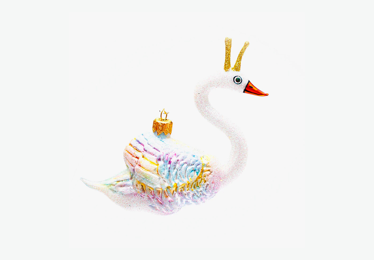 Product shot of a glittery blown-glass swan ornament that is clearly haunted. The swan’s eye is large, round, and alarmed. On its head are two sparkly gold protuberances that we’re supposed to believe are a crown somehow.