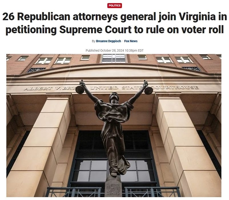 Headline from Fox News: '26 Republican attorneys general join Virginia in petitioning Supreme Court to rule on voter roll.' The image shows the entrance of the Albert V. Bryan United States Courthouse, featuring a statue of a woman holding scales, symbolizing justice, in front of the building.